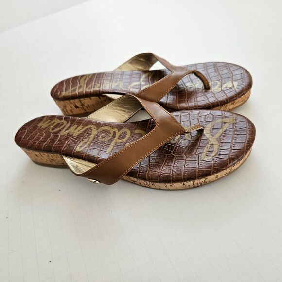 Sam Edelman Tanya Sandals Womens 8.5 M Brown Thong Flip Flop Cork Wedge Heel - Picture 4 of 10